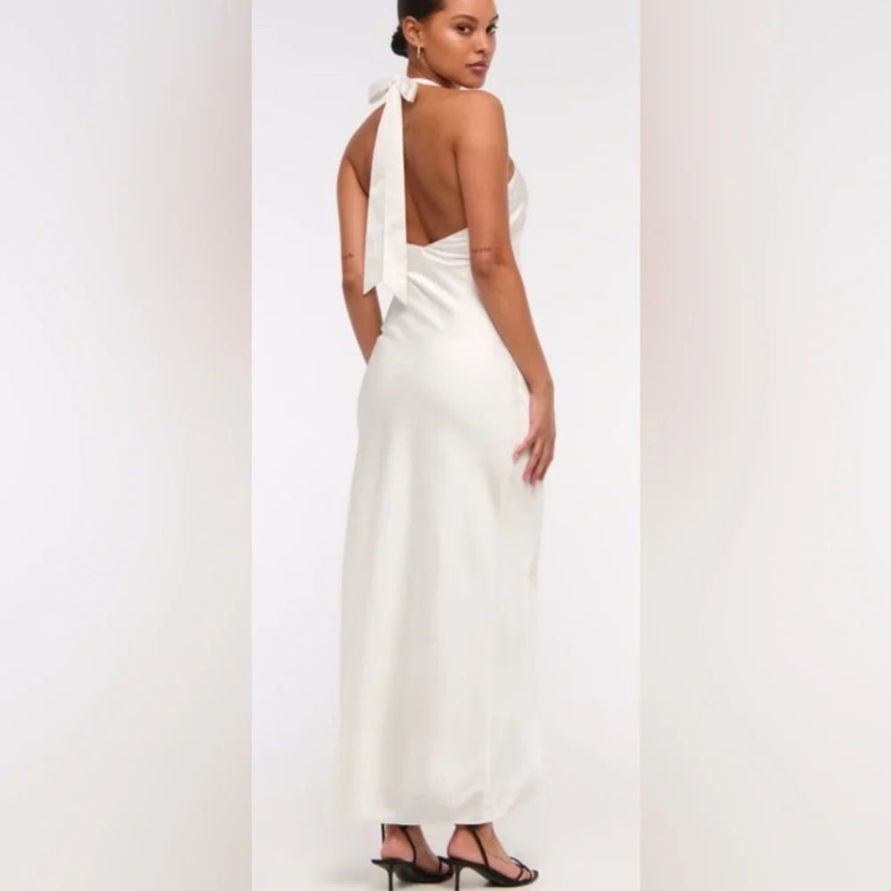 A&F Julia Slip Halter Maxi Dress: White Satin w/ Pale Pink Flowers/Size Petite L